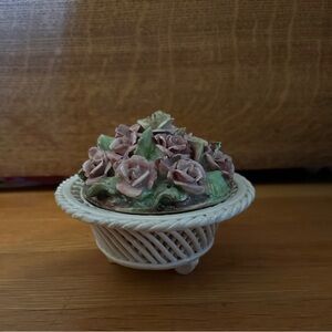 Vintage Capodimonte-Style Roses in a Basket Porcelain Trinket Box